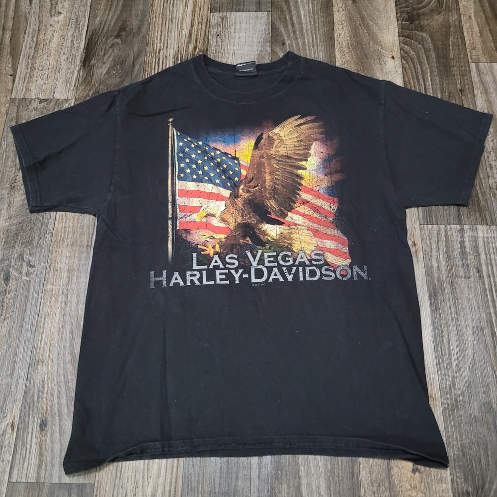 Harley Davidson Black T-Shirt Mens Large Patriotic Eagle Flag Las Vegas, Nevada